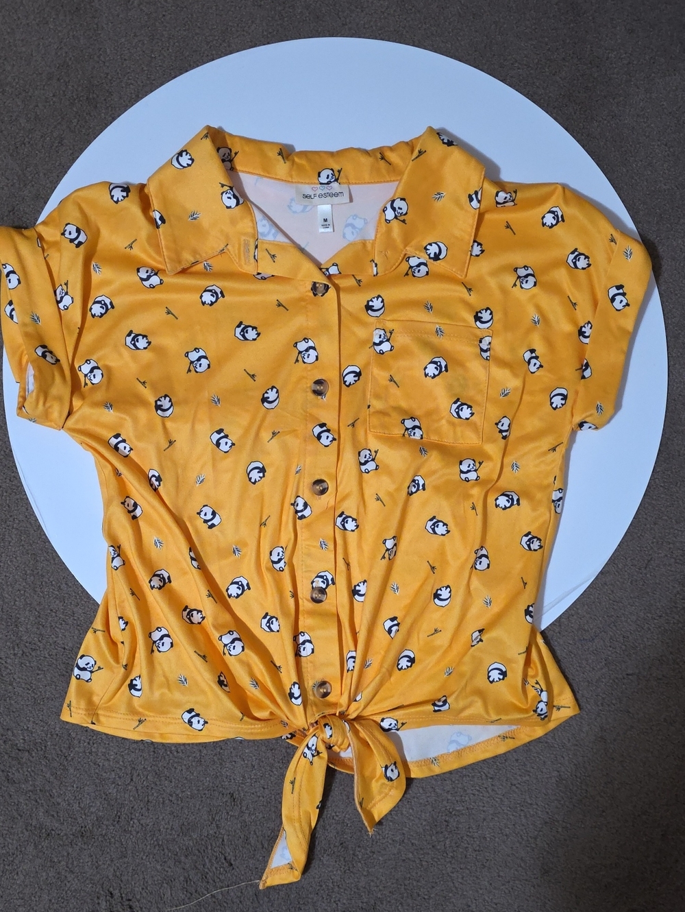 Kids Yellow Tie-Front Button Down Shirt with Playful Panda Print